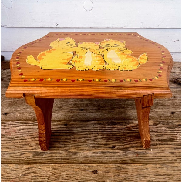 Vintage 1970s Wood Stool With Hand Painted Kittens Kitschy Plant Stand