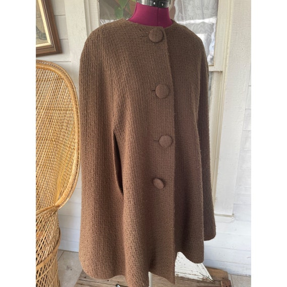 Vintage 1960 Brown Wool Long Button Cape MOD One … - image 10