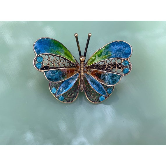 Vintage 800 Silver Enamel Filligree Butterfly Bro… - image 5