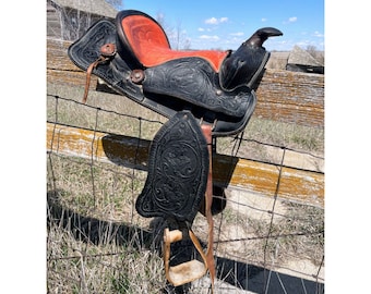 Vintage Tooled Leather Pony Youth Saddle 12" Wood Stirrups Black & Red