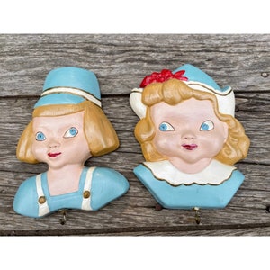 Vintage Dutch Girl and Boy Face Plaques potholder hanger wall hanging