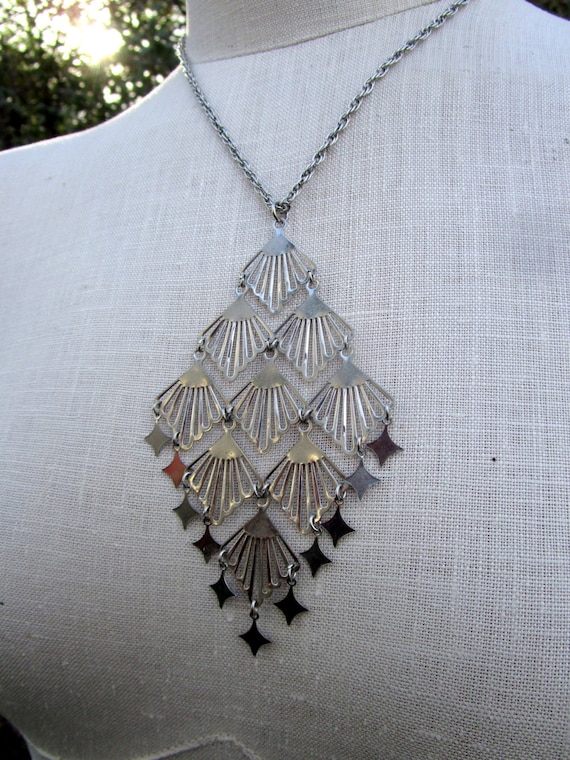 Vintage silvertone Large Statement dangle pendant… - image 4