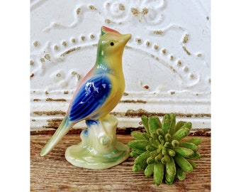 Vintage 1950s Ceramic Crested Bird Figurine blue yellow