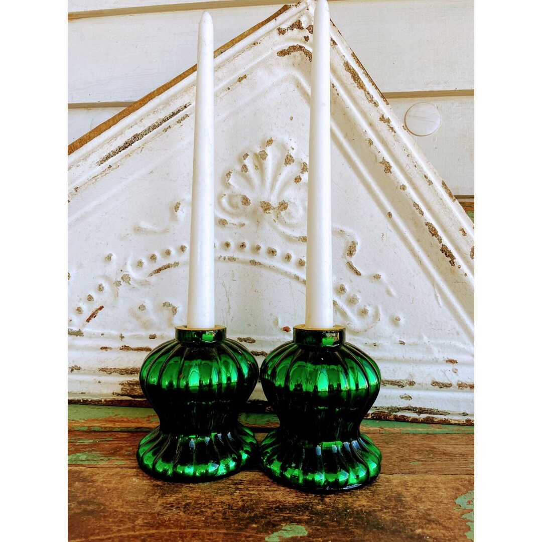 Vintage Green Art Glass Candle Holders Christmas Etsy