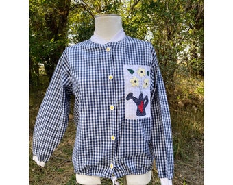 Vintage Gingham Check Seer Sucker Blouse Applique Flowers Daisy Buttons