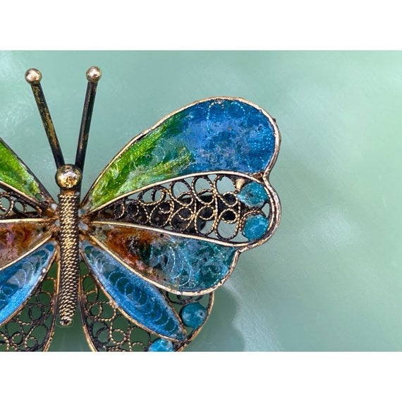 Vintage 800 Silver Enamel Filligree Butterfly Bro… - image 7