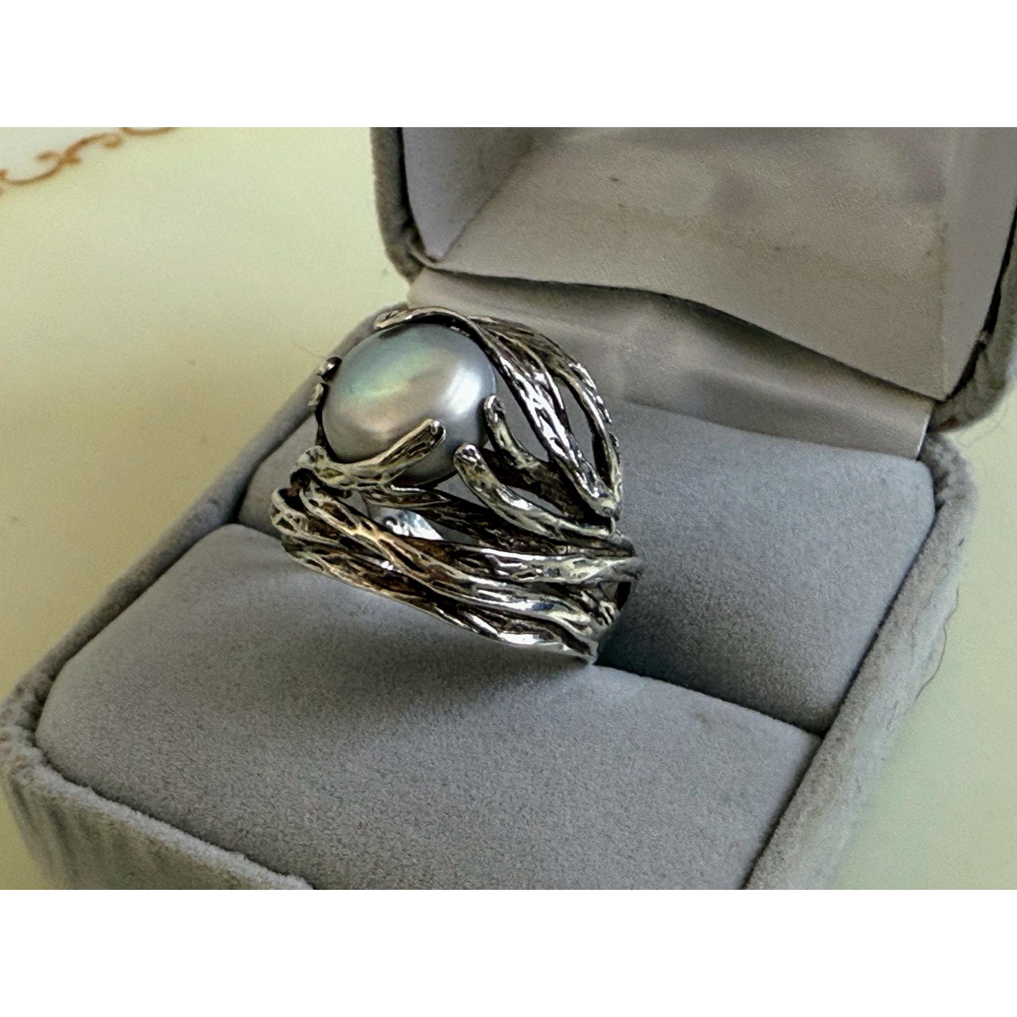 Vintage 90's Stauer Holy Land 925 Silver Pearl Brutalist Ring Sz 8.25