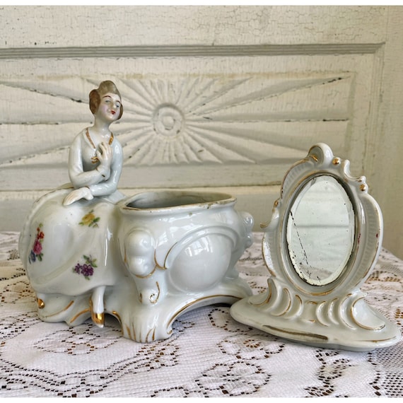 Antique 1940s Porcelain Lady Mirror Fairing/powder.trinket Box - Etsy
