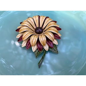 Vintage 1960s Large Enamel Flower Brooch Yellow Brown