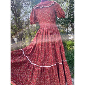 Vintage 1970s Peasant Maxi Dress Burgundy Cotton Paisley Flare