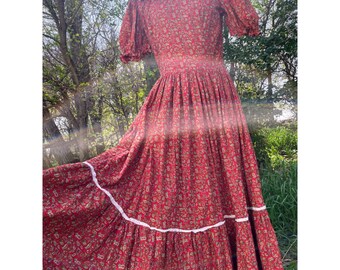Vintage 1970s Peasant Maxi Dress Burgundy Cotton Paisley Flare