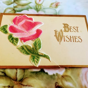 Antique Folding Victorian Post Card Unused embossed hand painted rose