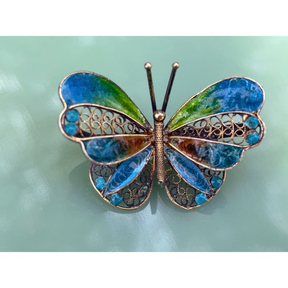 Vintage 800 Silver Enamel Filligree Butterfly Bro… - image 6