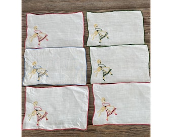 Vintage 1930s Set of 6 Marghab Embroidered Barmaid Cocktail Napkins