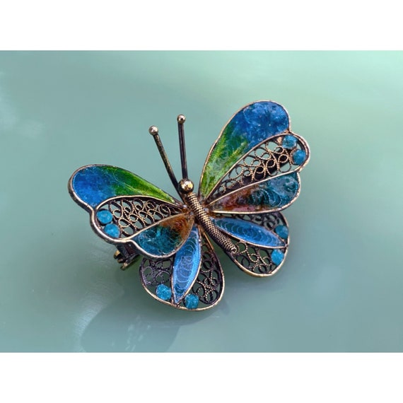 Vintage 800 Silver Enamel Filligree Butterfly Bro… - image 9