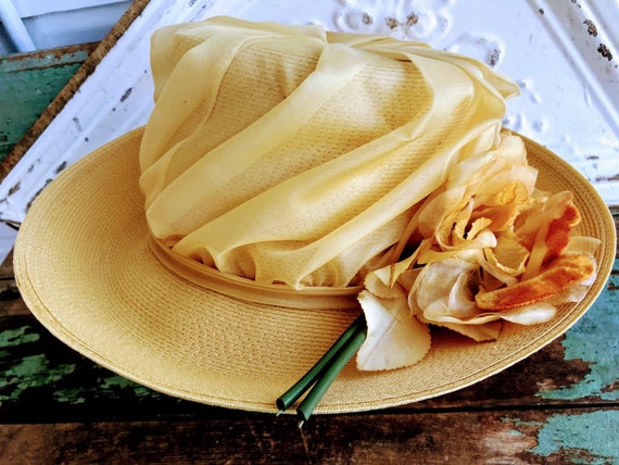 Vintage Mustard Big Flower Wide Brim Straw Hat Wi… - image 7