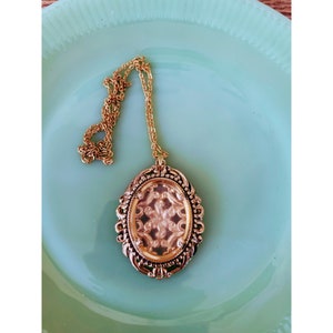 Vintage 1970s Large Brass Oval Pendant Necklace with clear glass BOHO