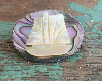 Vintage brooch Abalone Shell and Mother of Pearl with carved Ship Boat