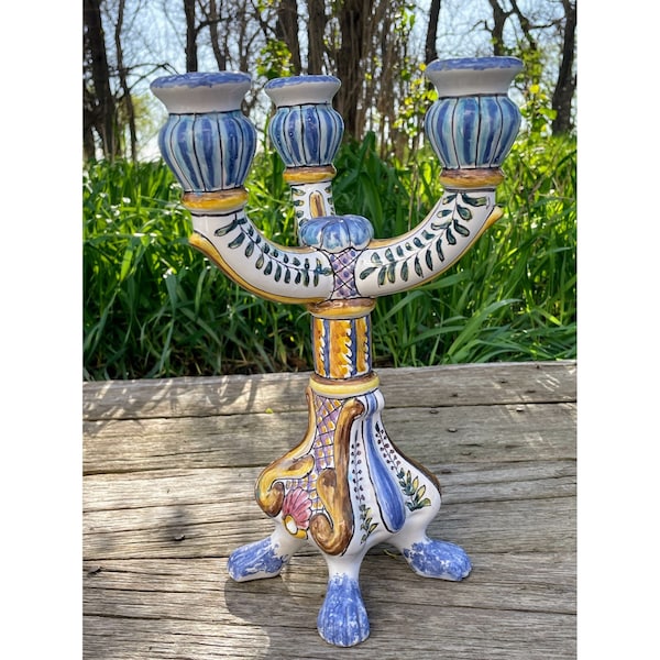 Vintage Hand Painted Portugal 3 Arm Candelabra Candle Stick Holder