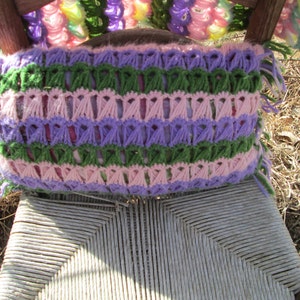 Vintage Afghan Crochet With pillow and Fringe Pastels Purple pink green yellow image 2