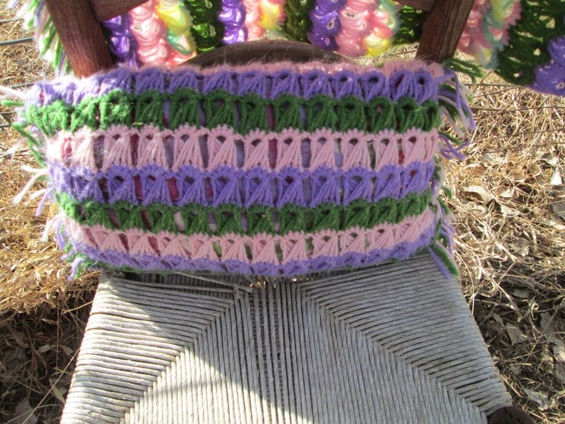 Vintage Afghan Crochet With pillow and Fringe Pastels Purple pink green yellow image 2