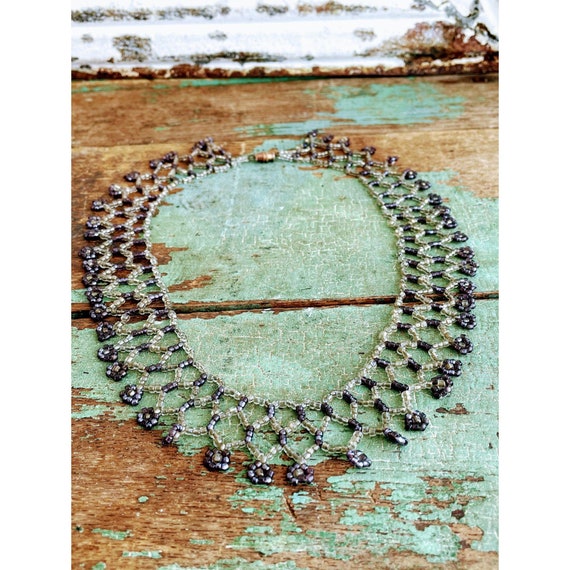 Vintage woven glass seed Collar drape necklace - image 3