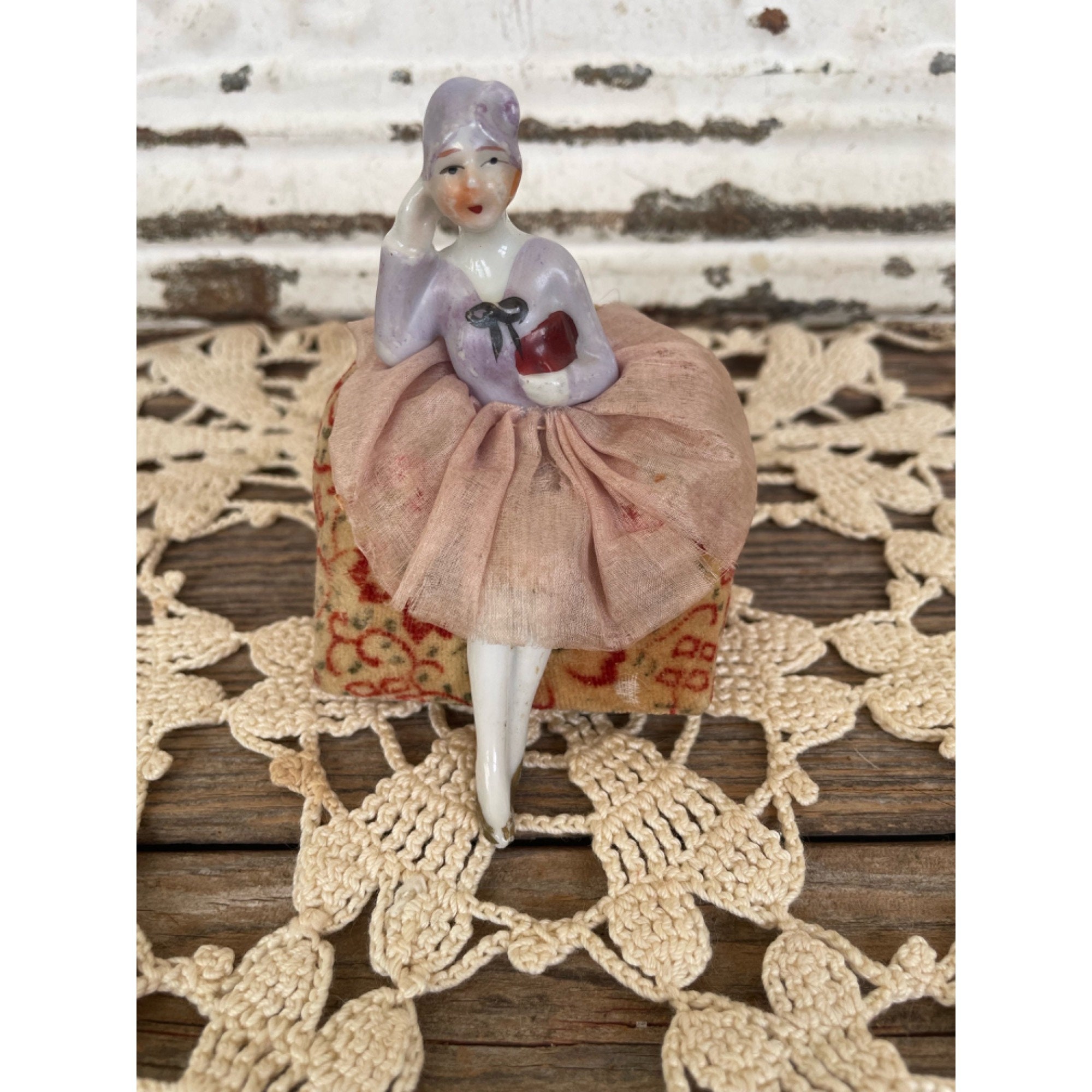 Antique Bathing Beauty Type Pincushion Half Doll Legs Out on A  display picture 1