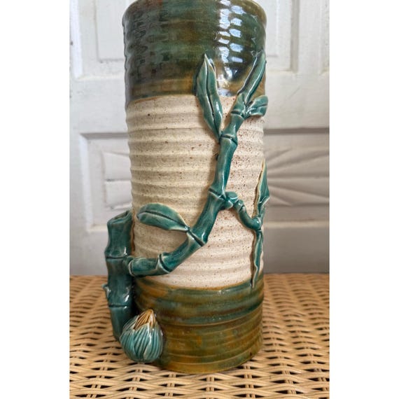 Vintage MCM Japanese Art Pottery Vase 3D Bamboo Motif 11.5