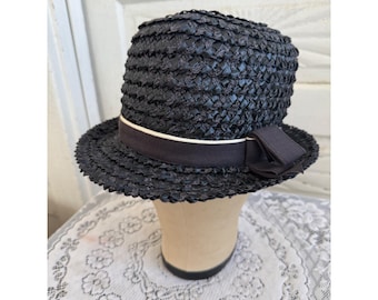 Vintage 1950s Raffia Straw Blue Womens Fedora Style Hat Vintage Straw Hat Blue Raffia coolie Saucer Novelty Beach  main image 2