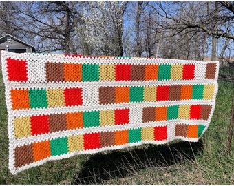 Vintage 1970s Crochet Afghan Square Blocks Orange Green 74x46" Boho Retro