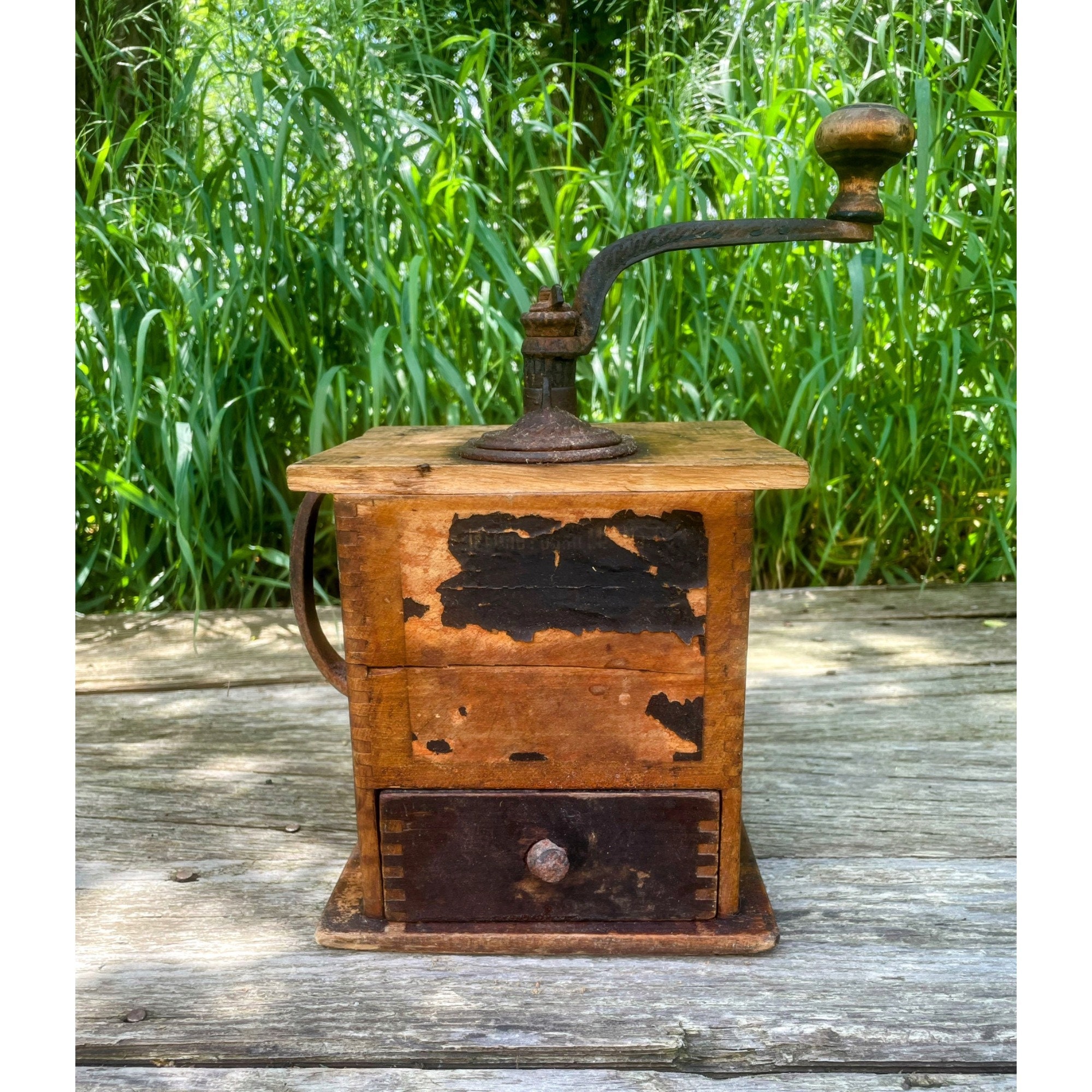 Antique Dovetail Box Coffee Grinder Cast Iron Hardware Shabby