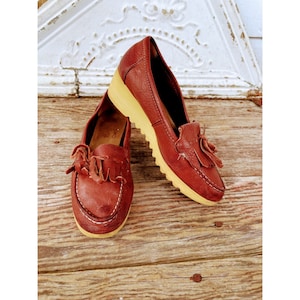 Vintage 1970s Womens Leather Chunky Heel Wedge Loafer size 7