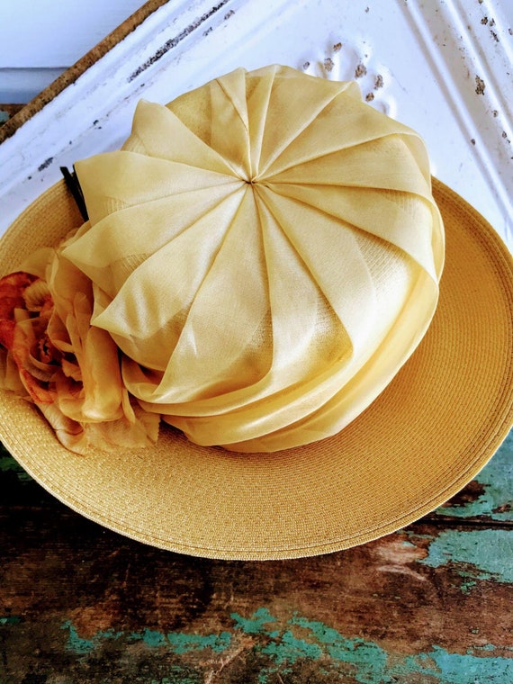 Vintage Mustard Big Flower Wide Brim Straw Hat Wi… - image 8