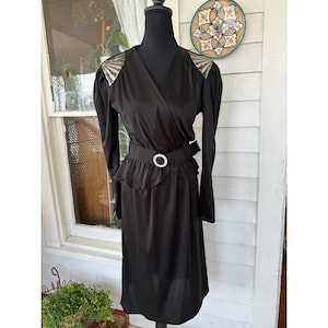 Vintage 80s Diamonds Run Black Dress With Glitter Fan Shoulders Size M