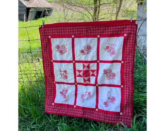 Vintage 1950s Red Work Embroidery Wall Hanging Quilt Kitchen Motifs