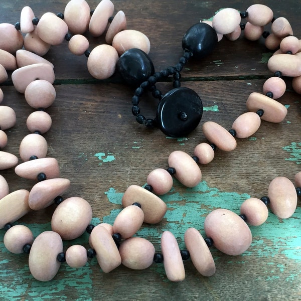 Vintage Statement Pink Wood Beaded And cow Horn Necklace Double Strand Chunky