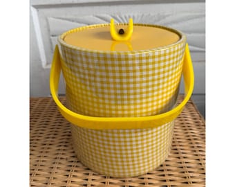 Vintage 60s MOD Retro Yellow Gingham Check Vinyl Ice Bucket Barware