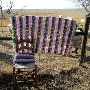 Vintage Afghan Crochet With pillow and Fringe Pastels Purple pink green yellow