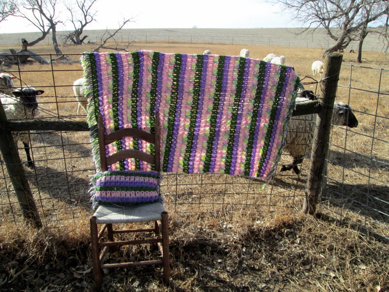 Vintage Afghan Crochet With pillow and Fringe Pastels Purple pink green yellow image 1