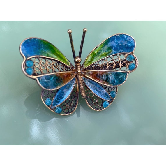 Vintage 800 Silver Enamel Filligree Butterfly Bro… - image 2