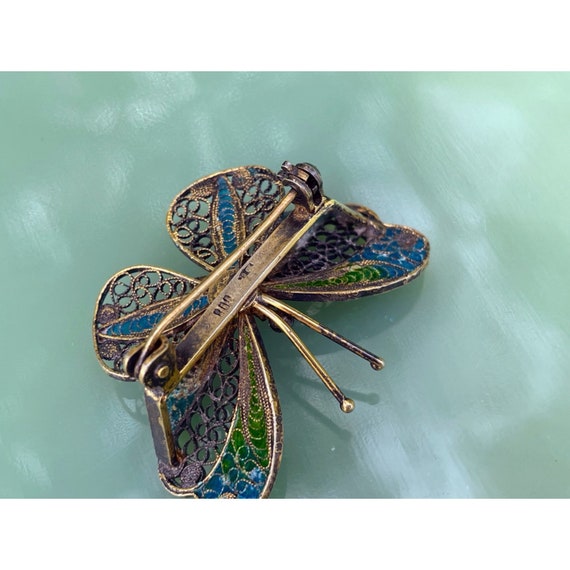 Vintage 800 Silver Enamel Filligree Butterfly Bro… - image 10