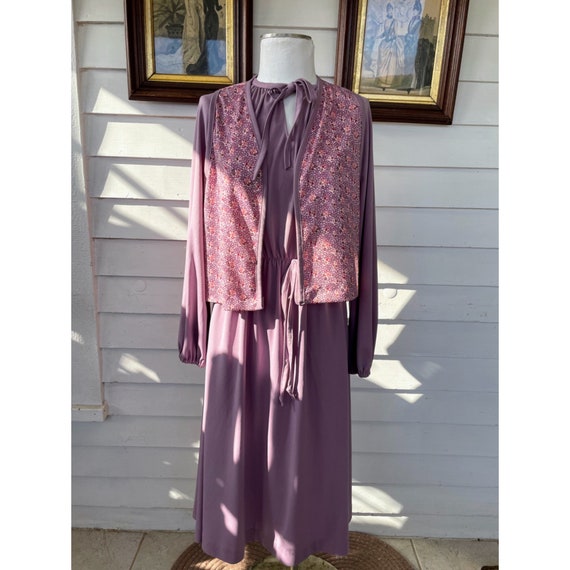 Vintage 1970s Sears Dress with Vest Mauve Poly kn… - image 10