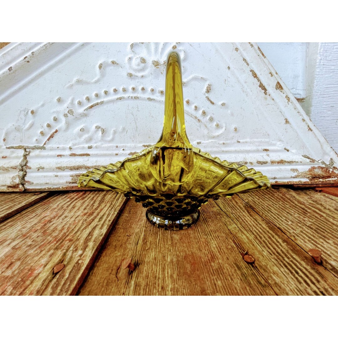 Vintage Fenton Green Glass Basket Hobnail Etsy