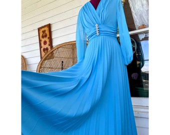 Vintage 1970s Blue Dressy Maxi Dress Pleated Skirt Rhinestone Pearls Size M