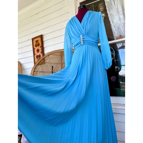 Vintage 1970s Blue Dressy Maxi Dress Pleated Skirt Rhinestone Pearls Size M