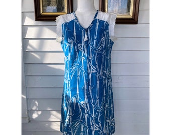 Vintage 1970s Bamboo Print Blue House Dress Eyelet Lace XL