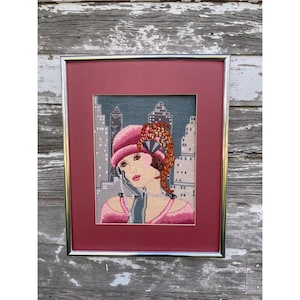 Vintage 1980s Finished Needlepoint Picture Art Deco Pink Flapper Lady