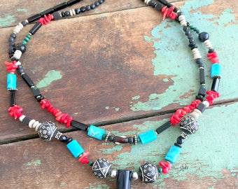 Vintage Double Strand Beaded Boho Necklace Black Glass Coral Turquoise Gem Stones