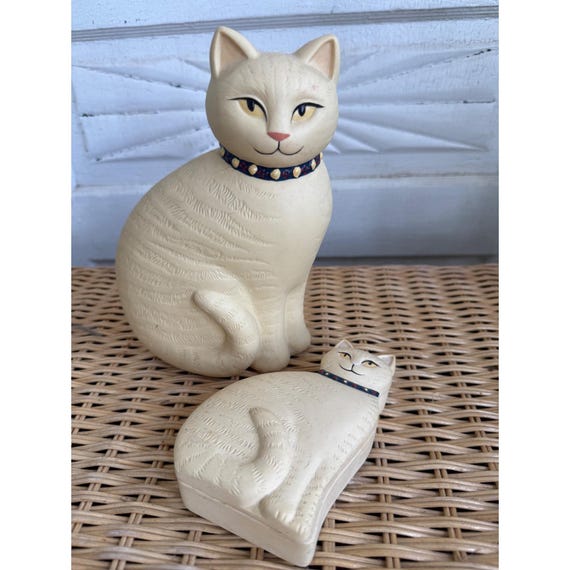 Vintage 80s Bisque Ceramic Set Yellow Cat Figurine and Trinket Box