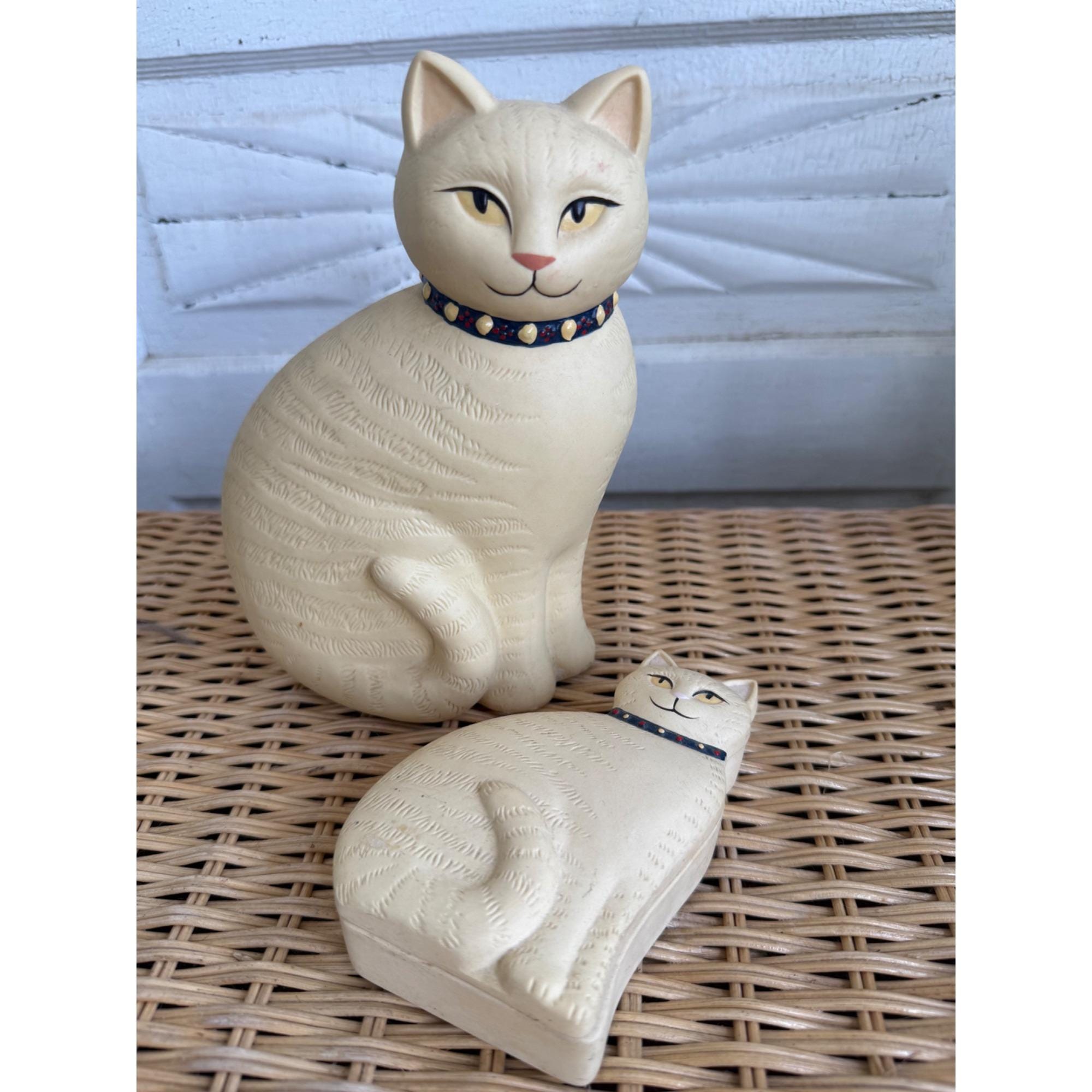 Vintage 80s Bisque Ceramic Set Yellow Cat Figurine and Trinket Box